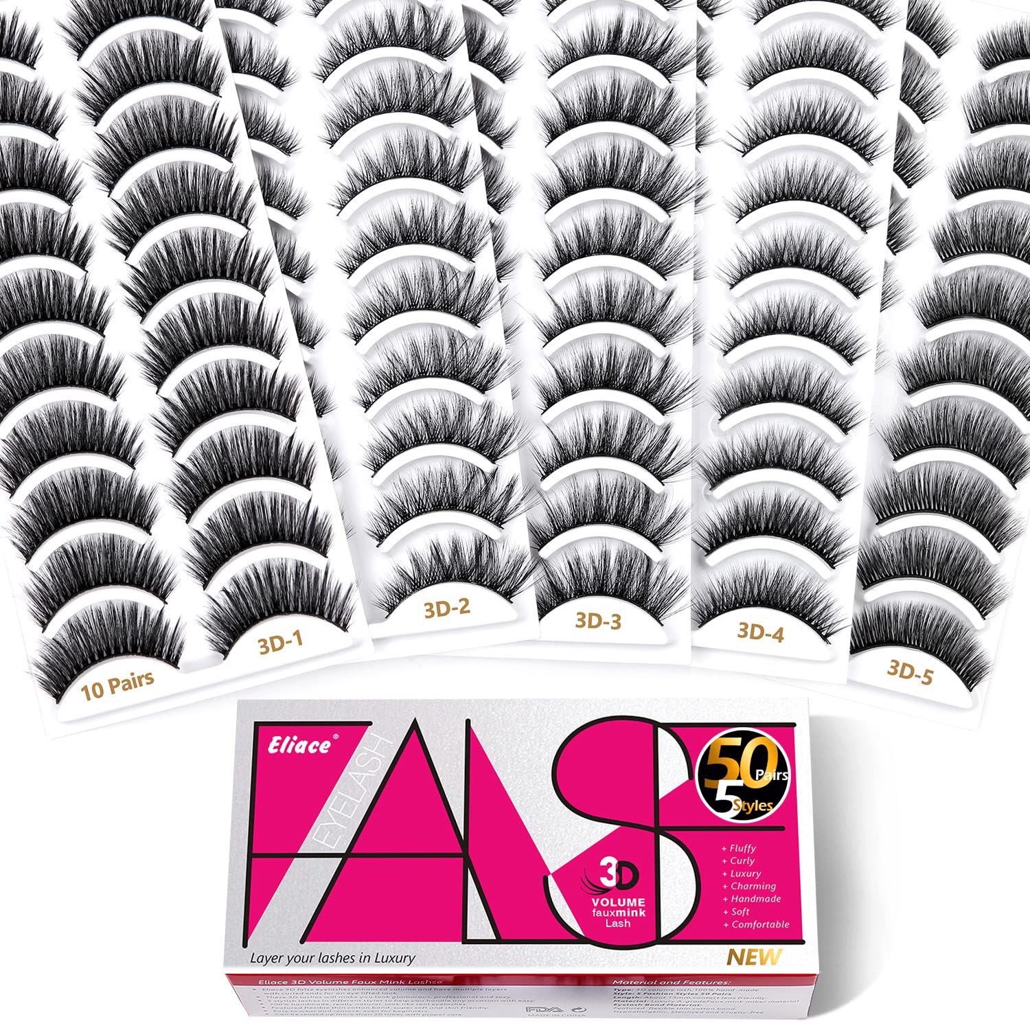 Eliace False Eyelashes Kit, (50 Pairs, 5 Styles), Handmade Cat Eye Mink Lashes, Volume 3D Faux Mink Lash Curly &amp; Full, Fake Eyelashes for a Natural Look, Eye Lashes Sets Pack, White Elephant Gift
