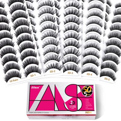 Eliace False Eyelashes Kit, (50 Pairs, 5 Styles), Handmade Cat Eye Mink Lashes, Volume 3D Faux Mink Lash Curly &amp; Full, Fake Eyelashes for a Natural Look, Eye Lashes Sets Pack, White Elephant Gift