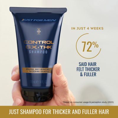 JUST FOR MEN Control GX  THK Thickening Shampoo with Grey Reduction, Shampoo for Thinning Hair with Alpha Keratin, Thickens Hair Up to 20%, Works with Every Hair Texture, 4 oz