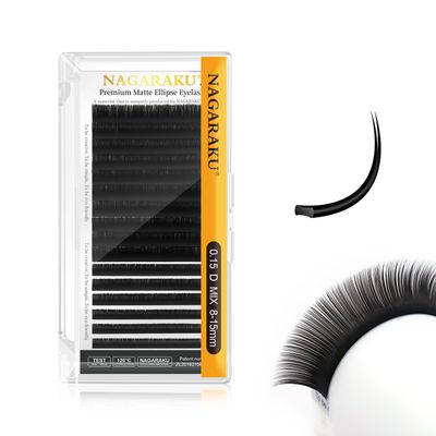 NAGARAKU Double Tips Ellipse Eyelash Extensions Lighter Thinner Flat Split Tips Individual Lash 0.15mm D curl 8-15mm Mix Tray Matte Black Faux Mink Classic False Lash Supplies 16 Rows