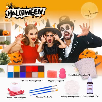 VANERIA Sfx Makeup Kit,Halloween Makeup Kit Professional,Halloween Face Paint Kit,Fake Blood Capsules,Fale Blood,Painting Brushes,Stipple Sponge,Face Makeup Halloween Kit for Party,Cosplay