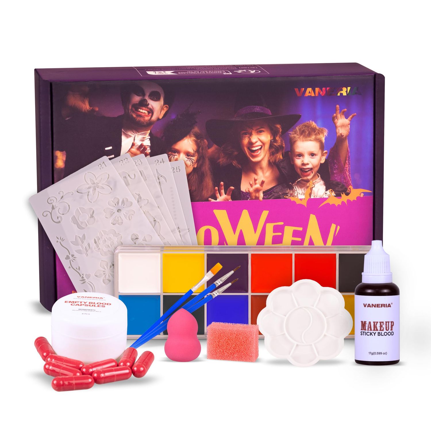 VANERIA Sfx Makeup Kit,Halloween Makeup Kit Professional,Halloween Face Paint Kit,Fake Blood Capsules,Fale Blood,Painting Brushes,Stipple Sponge,Face Makeup Halloween Kit for Party,Cosplay