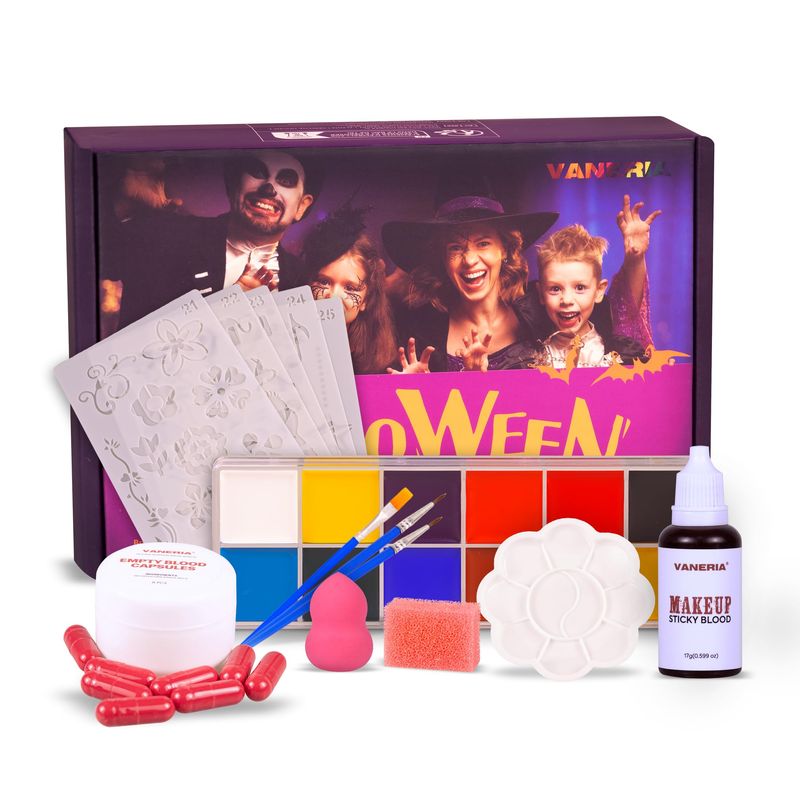 VANERIA Sfx Makeup Kit,Halloween Makeup Kit Professional,Halloween Face Paint Kit,Fake Blood Capsules,Fale Blood,Painting Brushes,Stipple Sponge,Face Makeup Halloween Kit for Party,Cosplay