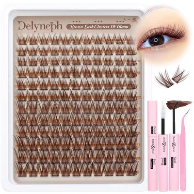 Brown Lash Extension Kit Natural Lash Clusters Kit Wispy Cluster Eyelash Extensions Kit C Curl Eyelash Clusters 10-16mm Individual Lashes Kit DIY Lash Kit with Brown Lash Bond and Seal by Delyneph