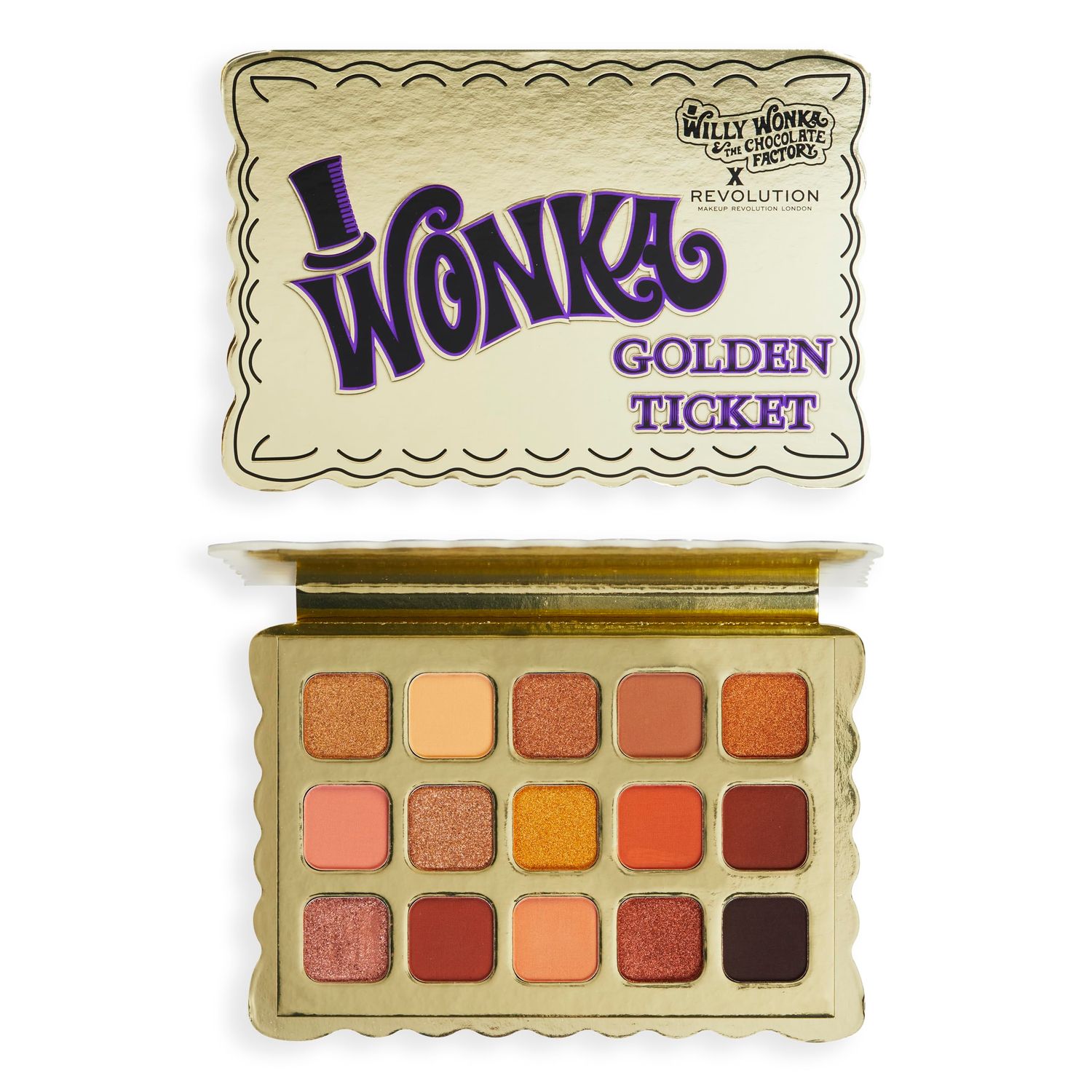 Makeup Revolution X Willy Wonka, Golden Ticket Palette, 15 Eyeshadow Shades Included, Matte &amp; Shimmer Finishes, 15 x 0.04oz