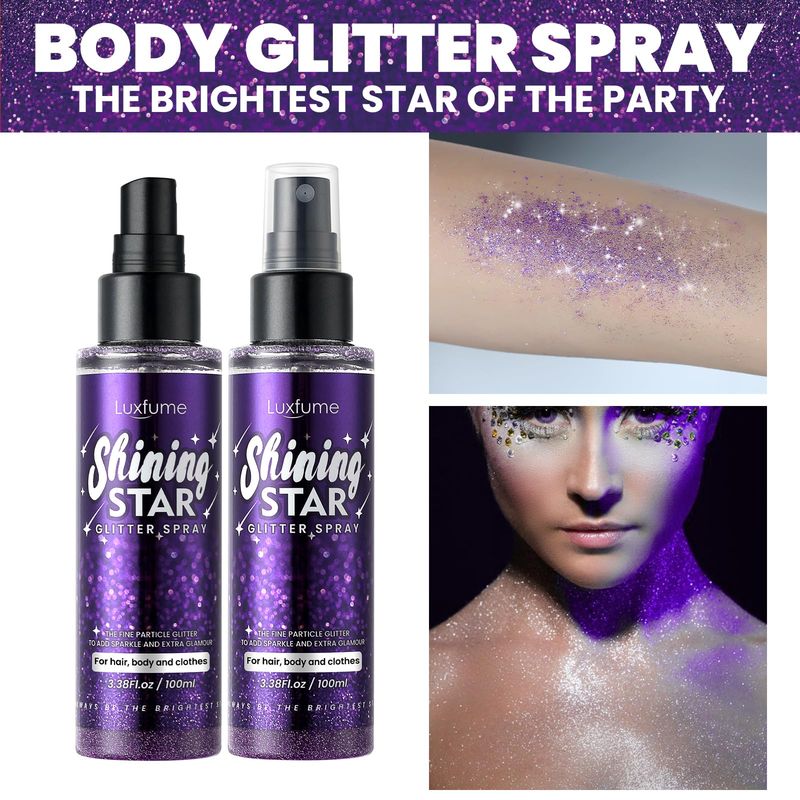 Body Glitter SprayGlitter HairsprayPurple Body Glitter Spray,Quick-Drying and Waterproof Glitter Hairspray,Nozzles are not easily cloggedLong-Lasting Body Shiny Spray for Stage Makeup, 3.38Oz