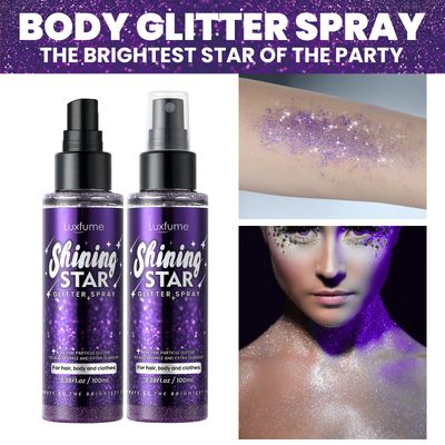 Body Glitter SprayGlitter HairsprayPurple Body Glitter Spray,Quick-Drying and Waterproof Glitter Hairspray,Nozzles are not easily cloggedLong-Lasting Body Shiny Spray for Stage Makeup, 3.38Oz