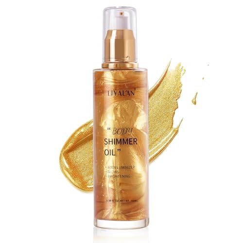 Liyalan Shimmer Body Oil Gold 5 Color Bronze Face Glow Pearl Highlighter Illuminator Body Makeup Shine Glitter Gold Liquid Taning(3.38 Fl Oz#02)