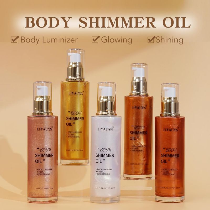 Liyalan Shimmer Body Oil Gold 5 Color Bronze Face Glow Pearl Highlighter Illuminator Body Makeup Shine Glitter Gold Liquid Taning(3.38 Fl Oz#02)