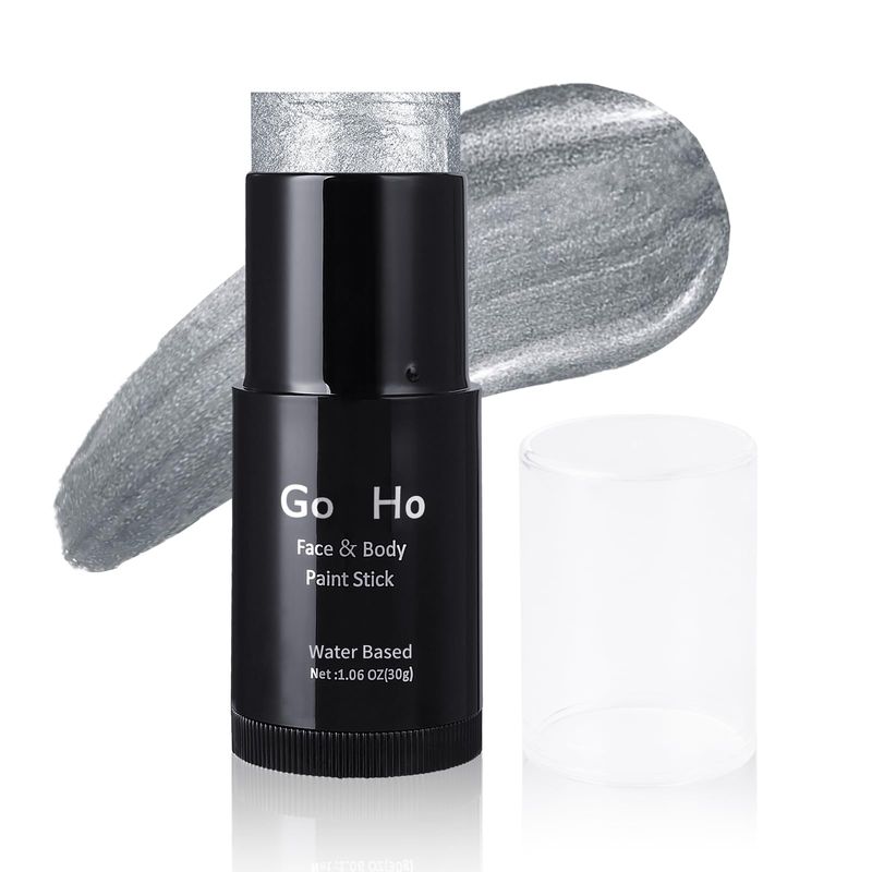 Go Ho Pearl Silver Face Body Paint Stick,Water Based Washable Silver Face Paint Stick,Non-toxic Full-coverage Cream Silver Body Paint for Adults Children Halloween Cosplay SFX Makeup