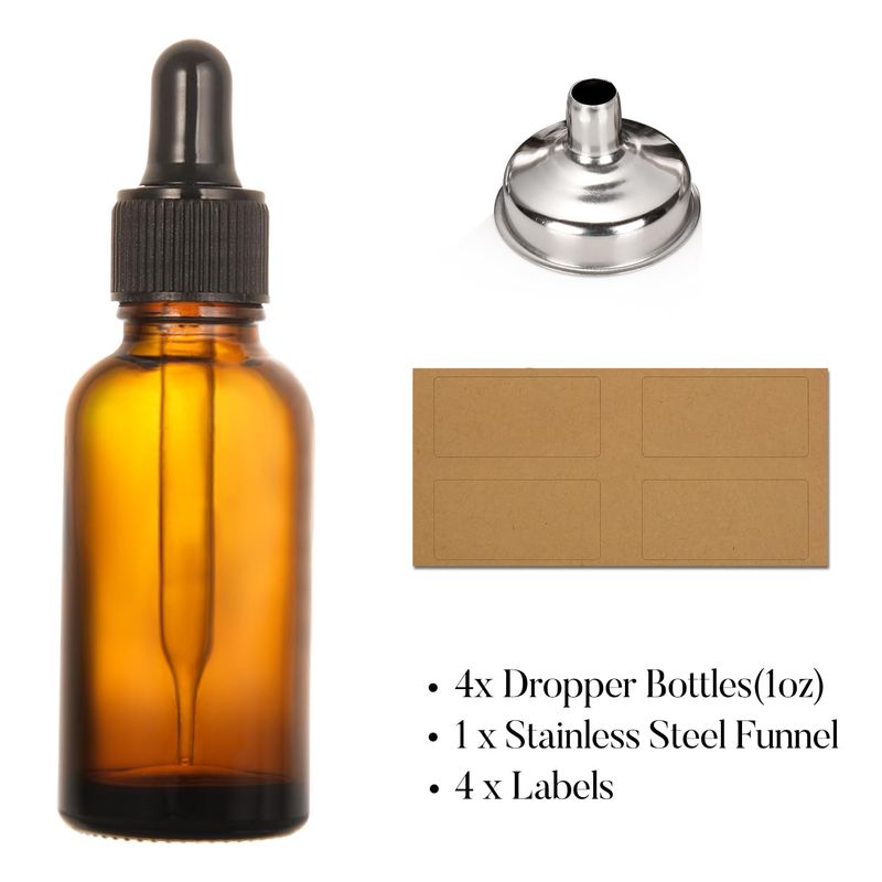 AOZITA Set of 4, 1 oz Eye Dropper Bottles with 1 Stainless Steel Funnels &amp; 4 Labels - 30ml Thick Dark Amber Glass Tincture Bottles - Leakproof Essential Oils Bottle for Storage and Travel