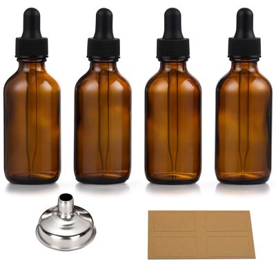 AOZITA Set of 4, 1 oz Eye Dropper Bottles with 1 Stainless Steel Funnels &amp; 4 Labels - 30ml Thick Dark Amber Glass Tincture Bottles - Leakproof Essential Oils Bottle for Storage and Travel