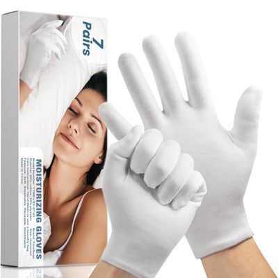 Cotton Gloves for Dry Hands Sleeping, 7 Pairs Moisturizing Gloves Overnight, Eczema Cotton Lotion Gloves for Women Men, White Gloves Costume for Halloween Christmas Weddings Serving Inspection