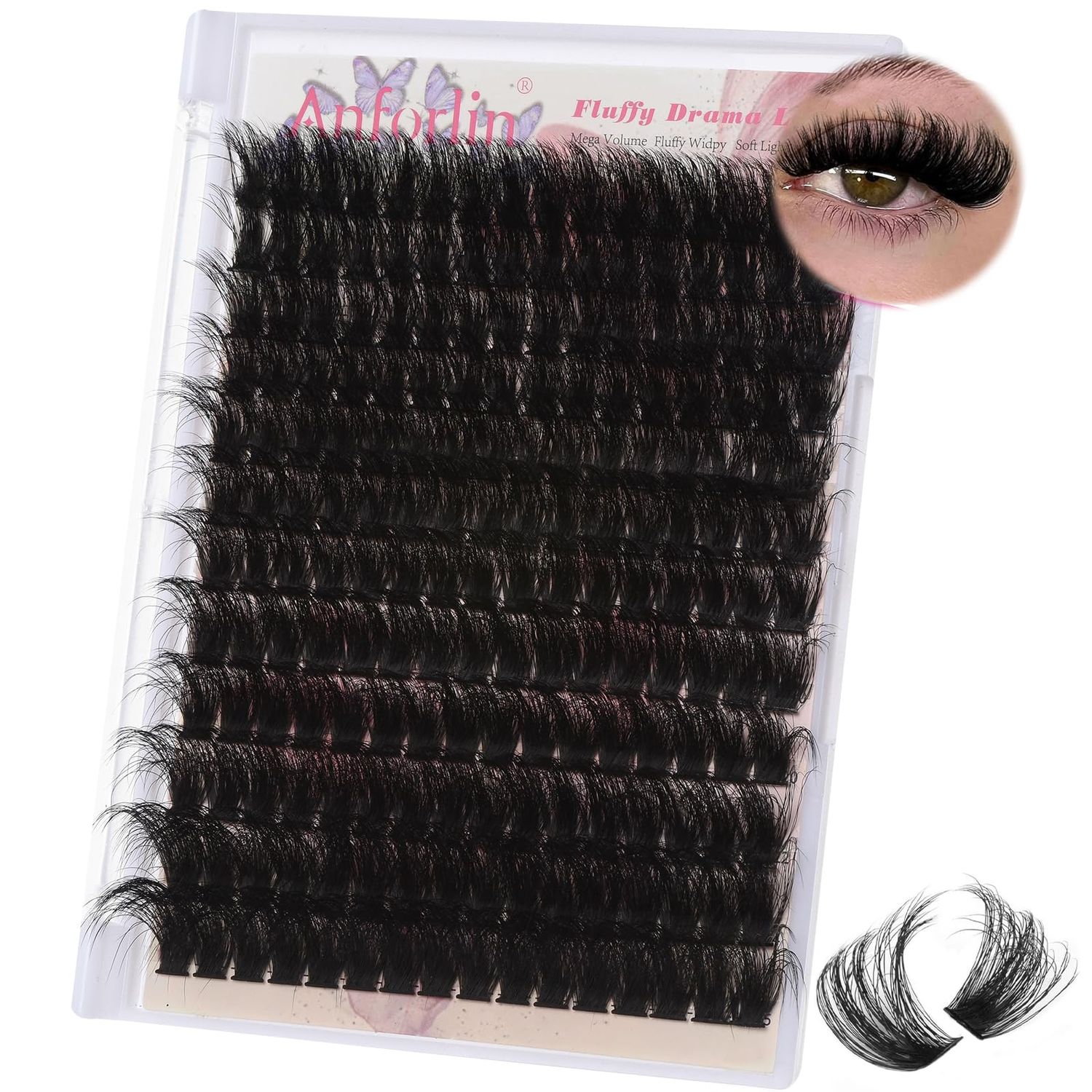 Fluffy Lash Clusters 16-25mm Thick Long Cluster 150D Cluster Eyelash Extensions 240 PCS D Curl Volume Lash Clusters 3D Mega Volume Lash Clusters False Eyelashes DIY at Home, by Anforlin