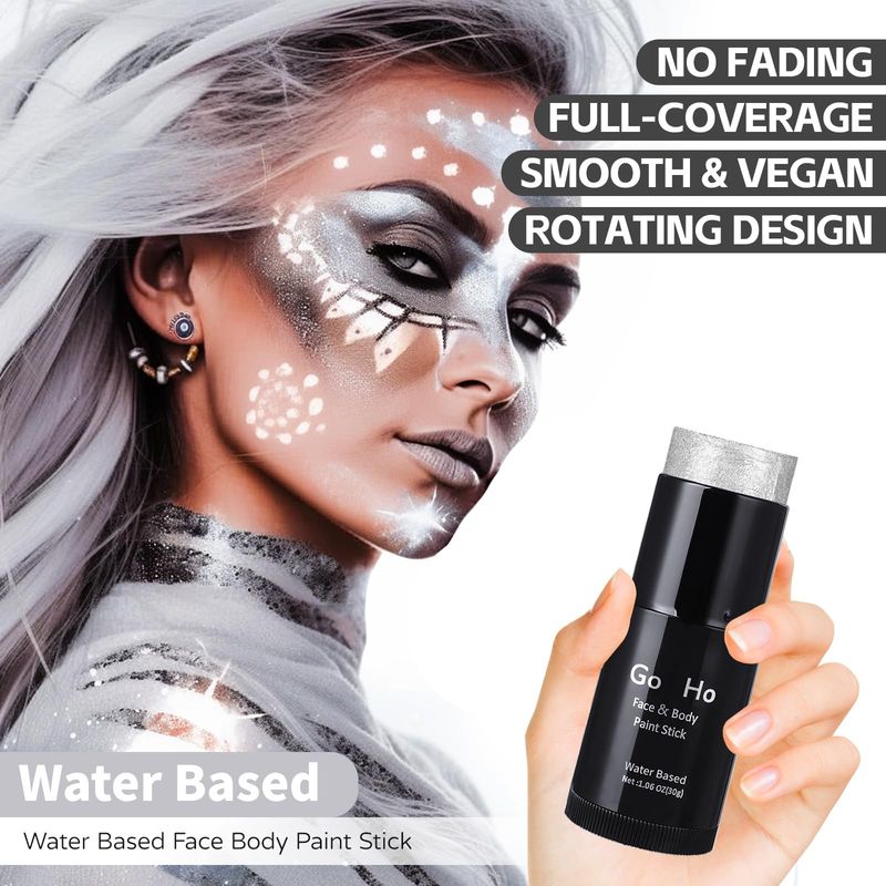 Go Ho Pearl Silver Face Body Paint Stick,Water Based Washable Silver Face Paint Stick,Non-toxic Full-coverage Cream Silver Body Paint for Adults Children Halloween Cosplay SFX Makeup