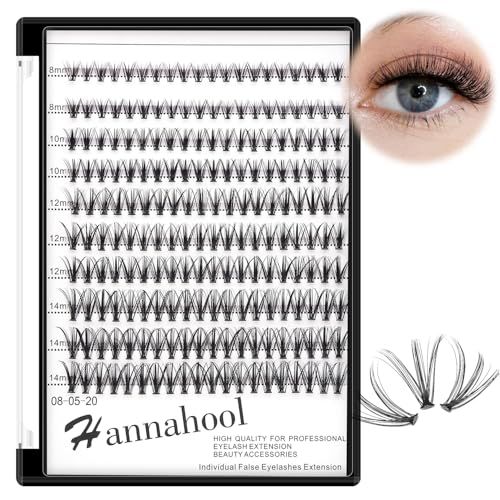 Hannahool 200Pcs 20Roots Individual False Lashes Mixed 8-10-12-14mm9-11-13-15mm10-12-14-16mm16-18mm18-20mm 0.07 Thickness Natural Cluster Lashes Makeup Volume Eye Lashes Extensions (8-10-12-14mm)