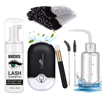 BUCICE Eyelash Extension Kit, 50ml Lash Shampoo Lash Mousse for Eyelash Extensions Cleanser, Lash Fan USB Handheld Air Conditioning Blower Fan, with Mascara Brushes Nose Brushes and Wash Bottle Set