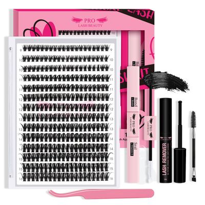 DIY Lash Extension Kit 280pcs Lash Clusters D Curl Eyelash Extension Kit Individual Lashes with Lash Bond and Seal Lash Remover Lash Applicator Easy to Apply at Home(50D-9-16mix Kit)