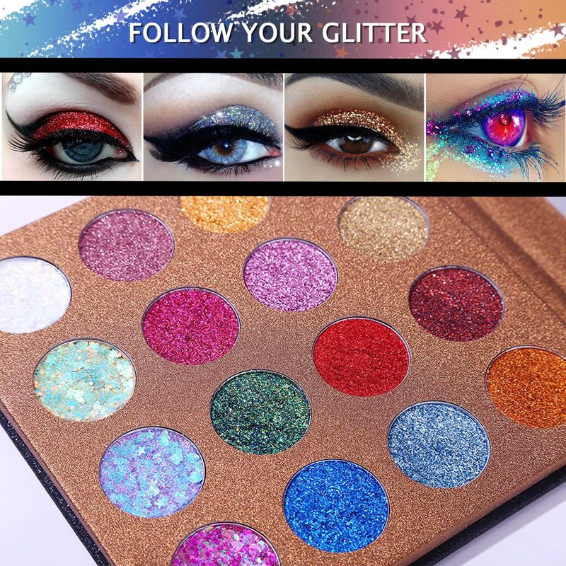 UCANBE Pro Glitter Eyeshadow Palette - Professional 16 Colors - Chunky &amp; Fine Pressed Glitter Eye Shadow Powder Makeup Pallet Highly Pigmented Ultra Shimmer for Face Body
