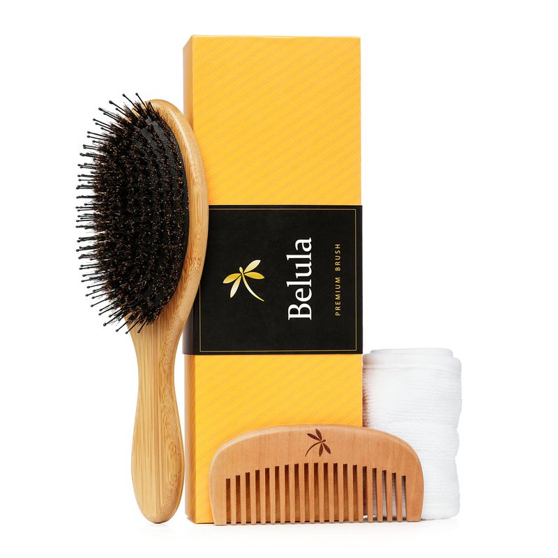 Premium Boar Bristle Hair Brush for Thick Hair Set. Hairbrush for Women With Thick, Long or Curly Hair. Restores Hair's Shine and Health. Comb, Travel Bag &amp; Spa Headband Included