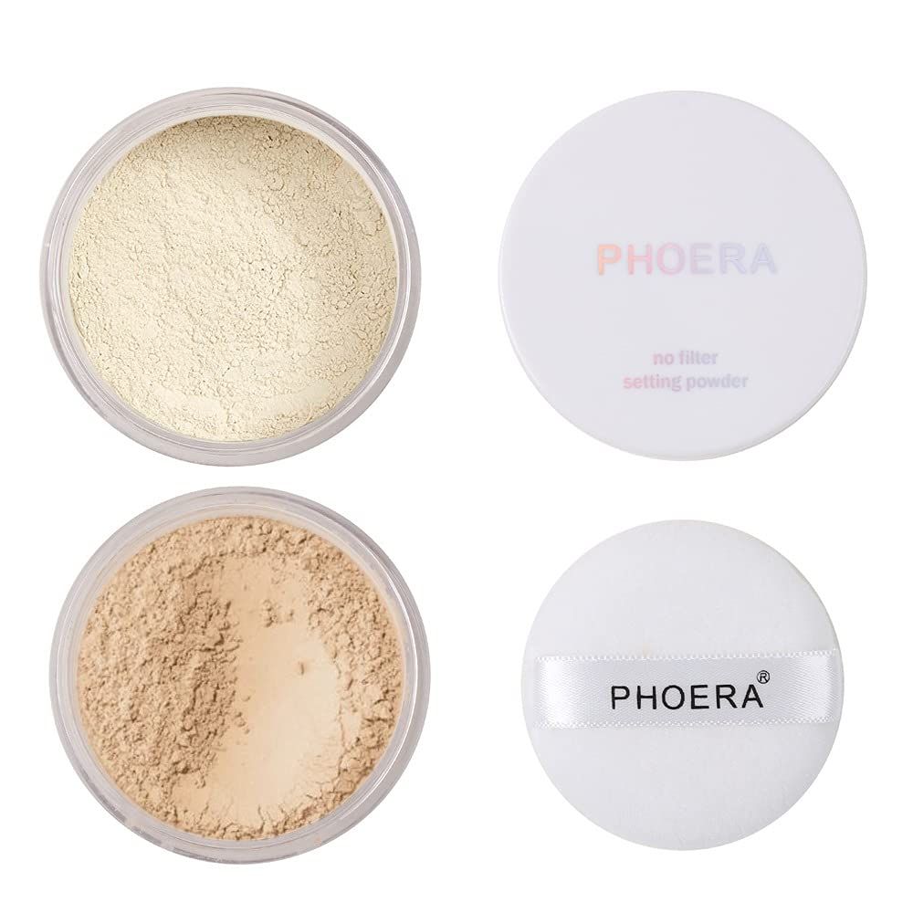 2 Pcs PHOERA Setting Powder, Control Oil Brighten Skin Color Cover Blemish Face Setting Loose Powder (01# Translucent &amp; 02# Cool Beige)