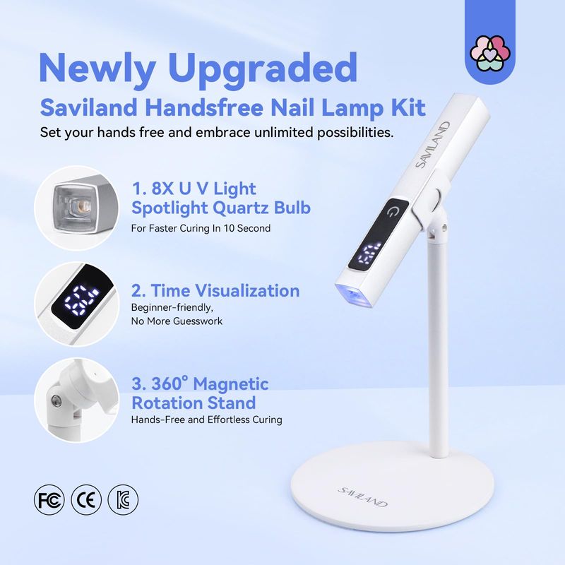 SAVILAND LED U V Light with Magnetic Stand &amp; LCD Screen Portable Nail Lamp Kit Handsfree 2-Timer Modes Portable Mini Nail Dryer Stand for Gel Nails USB Rechargeable and Wireless for Home DIY Manicure