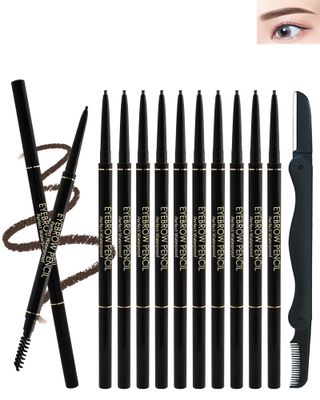 12Pcs Waterproof Dark Brown Eyebrow Pencil Set, Professional Brow Micro Eyebrow Retractable Pencil, Ultra Fine Long Lasting for Perfect Eye Liner Brows Eye Makeup Shaping &amp; Filling Brow Gel Pen- 05