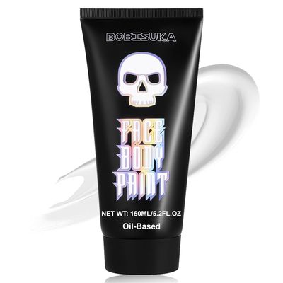 BOBISUKA 150ml Oil-Based White Face Body Paint Cream, 5.2Oz PRO Large Tube Clown White Washable Makeup Skull Joker Skeleton Face Painting for SFX Cosplay Halloween Costume Makeup Foundation