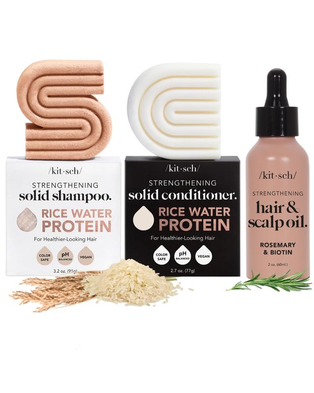 Kitsch Rice Shampoo &amp; Conditioner Bar, Pre-Wash Scalp Serum - Rice Water for Strengthening Hair, Rosemary for Healthy Scalp, Paraben-Free 3pc Set