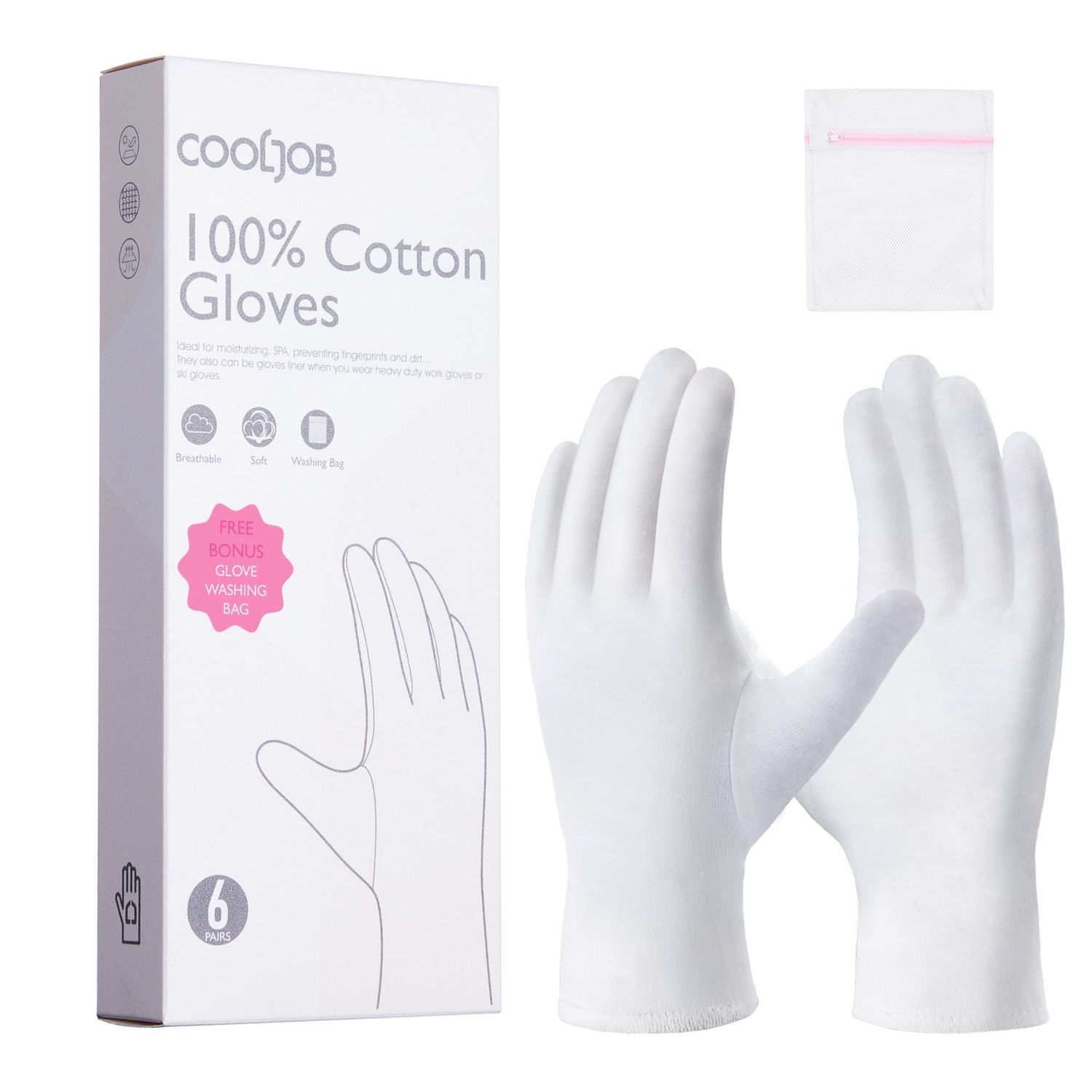 COOLJOB 100% Cotton Gloves, 6 Pairs White Cotton Gloves for Dry Hands Moisturizing &amp; Eczema, Overnight Lotion, Sleep &amp; Spa Treatment for Women &amp; Men, Breathable Work Glove Liners, Medium Size