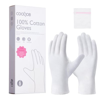 COOLJOB 100% Cotton Gloves, 6 Pairs White Cotton Gloves for Dry Hands Moisturizing &amp; Eczema, Overnight Lotion, Sleep &amp; Spa Treatment for Women &amp; Men, Breathable Work Glove Liners, Medium Size