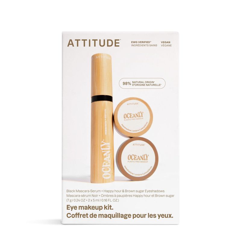 ATTITUDE Oceanly Brown Makeup Set, EWG Verified Eyeshadow and Lash Serum Infused Mascara, Vegan Beauty, Set of 3 Products