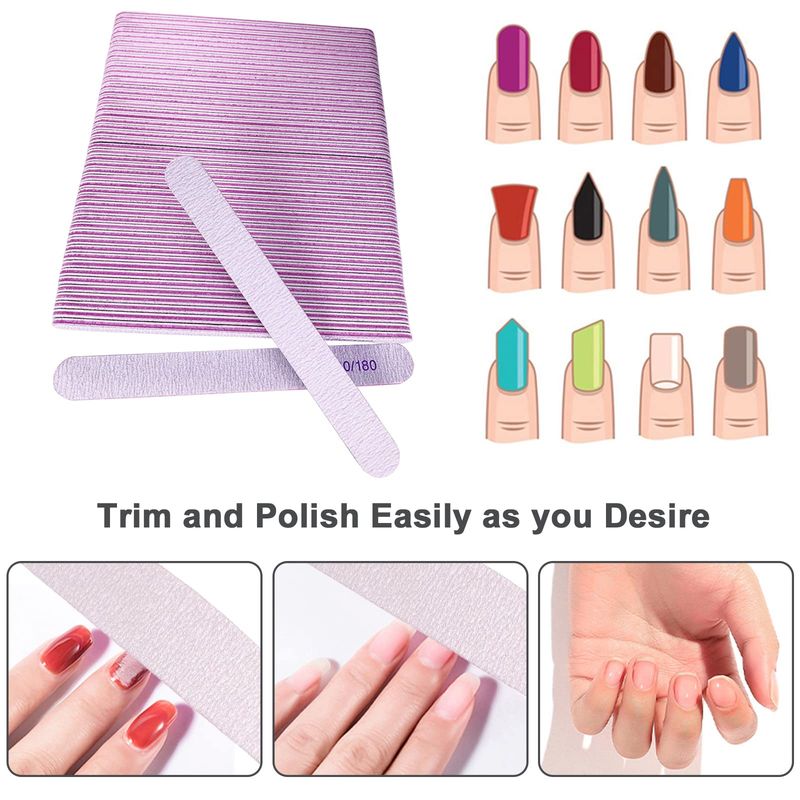 50 Pcs Nail File, Emery Board Nail Files for Acrylic Nails and Natural Nails, 100180 Grit Double Sided Fingernail File Gel Nail Professional Reusable Washable Manicure Pedicure Kit Set Gray