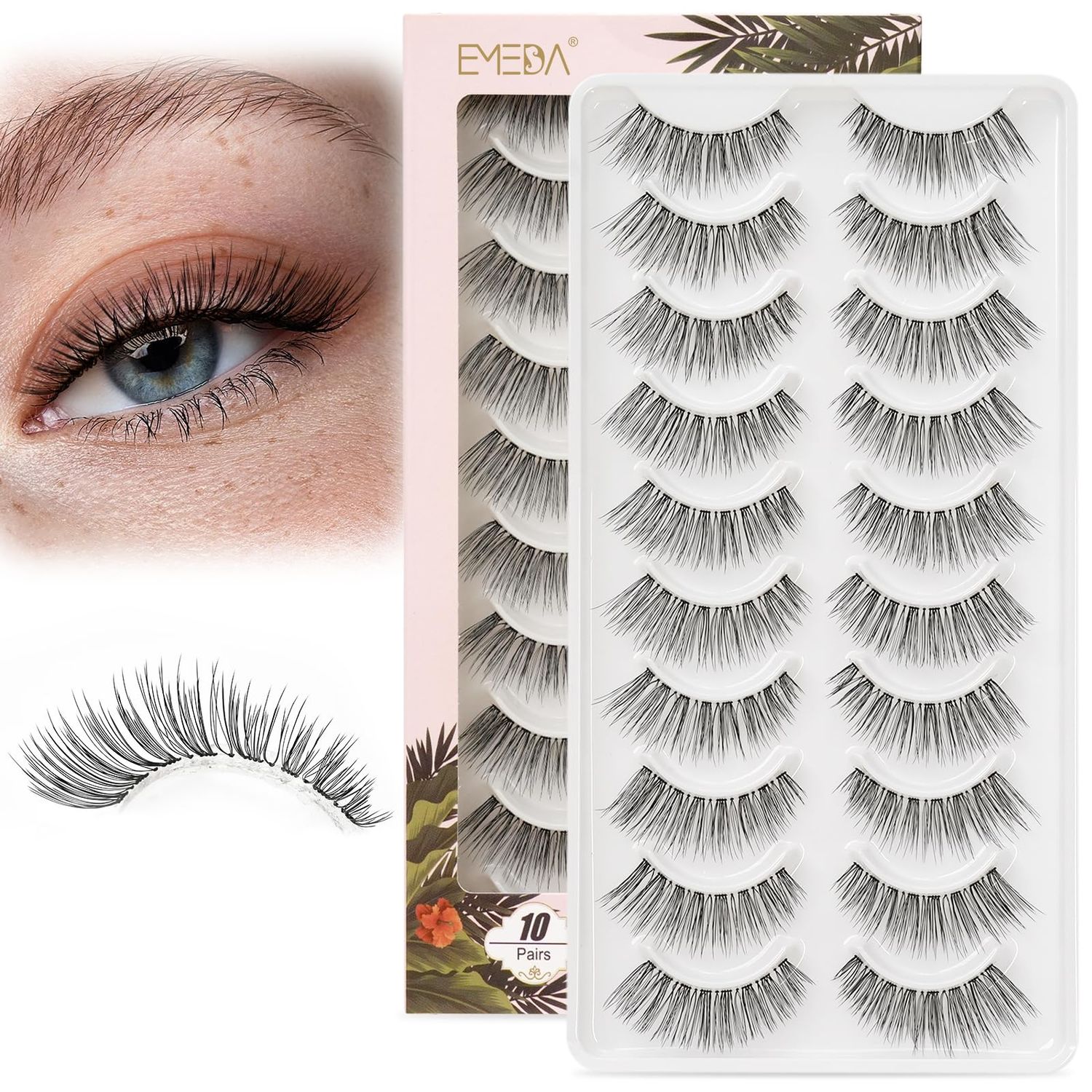 EMEDA False Eyelashes Natural Strips Look Pestaas Postizas Naturales 10 Pairs Invisible Band 3D Demi Wispies 12mm Fake Lashes Small Face Lashes Handmade Clear Band Eye Lashes(005)