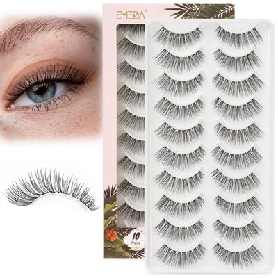 EMEDA False Eyelashes Natural Strips Look Pestaas Postizas Naturales 10 Pairs Invisible Band 3D Demi Wispies 12mm Fake Lashes Small Face Lashes Handmade Clear Band Eye Lashes(005)
