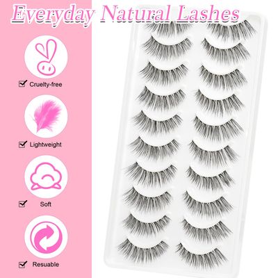 EMEDA False Eyelashes Natural Strips Look Pestaas Postizas Naturales 10 Pairs Invisible Band 3D Demi Wispies 12mm Fake Lashes Small Face Lashes Handmade Clear Band Eye Lashes(005)