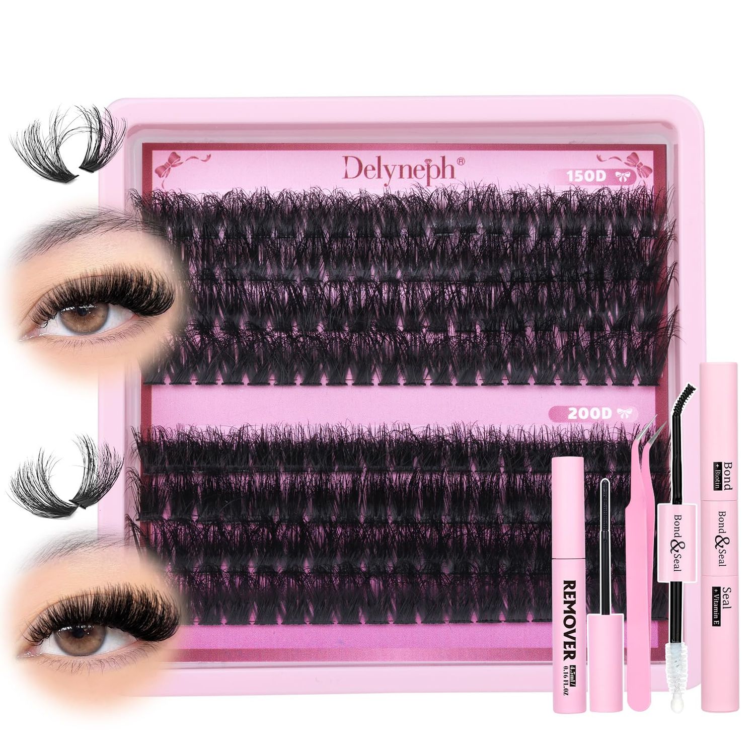 Fluffy Lash Clusters Kit 14-20 MM Cluster Eyelash Extensions D Curl Individual Lashes Wispy Lash Extension 150D200D Eyelash Clusters Kit with Lash Bond and Seal and Lash Remover by Delyneph