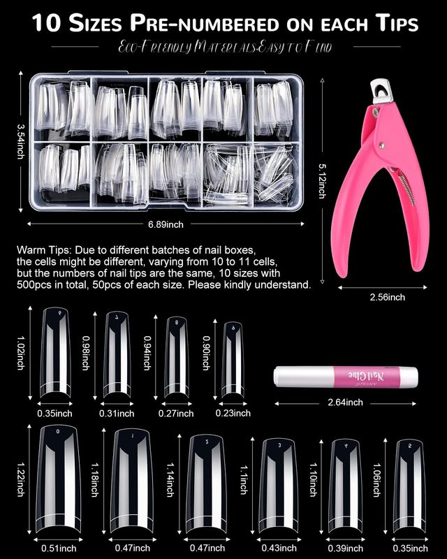 Clear Acrylic Nail Tips, MORGLES 500PCS French Clear Fake Half Cover Clear Nail Tips with Glue Nail File Nail Clipper Cuticle Fork for Nail Art
