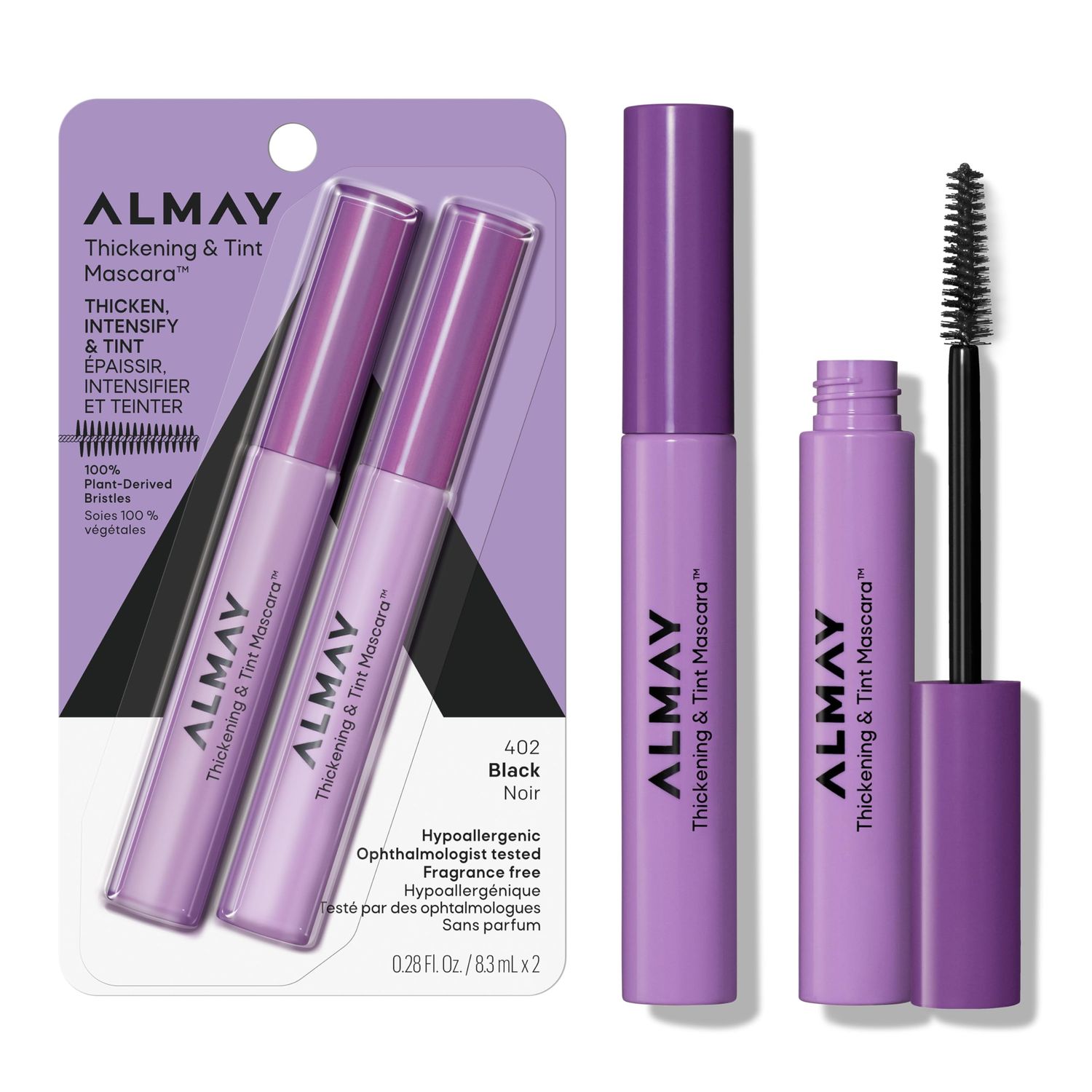 Almay Thickening &amp; Tint Mascara, Instant Soft Full Volume, Conditions &amp; Darkens Natural Lashes Over Time, No Flaking or Clumping, 402 Black, 2 count
