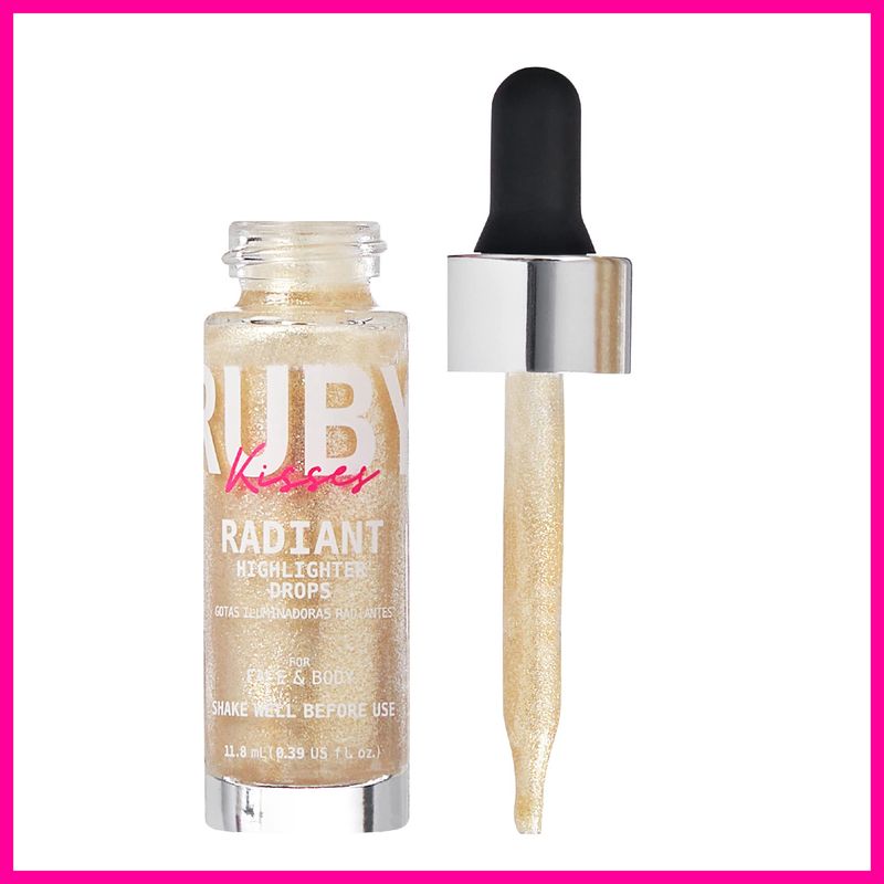 Ruby Kisses Radiant Drops, Shimmer Liquid Highlighter Makeup, Smooth Illuminator for Face Body, Natural Glow Dewiness Glitter for Skin (CHAMPANGE)