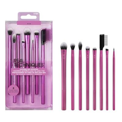 Real Techniques 8 Piece Everyday Eye Essentials Makeup Brush Set, Eye Brushes for Eye Liner, Eyeshadow, Brows, &amp; Lashes, Travel Friendly, Gift Set, Synthetic Bristles, Cruelty-Free &amp; Vegan