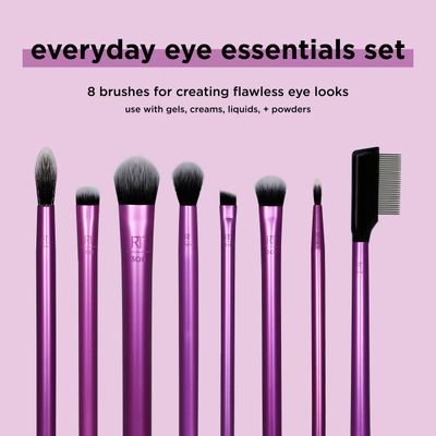 Real Techniques 8 Piece Everyday Eye Essentials Makeup Brush Set, Eye Brushes for Eye Liner, Eyeshadow, Brows, &amp; Lashes, Travel Friendly, Gift Set, Synthetic Bristles, Cruelty-Free &amp; Vegan