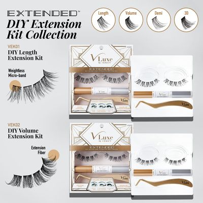 VLuxe Extended Collection DIY Lash Extension Starter Kit With 10 Volume Extended Clusters, Applicator and Bond &amp; Seal - Eye lifting Effect, Feather Light Reusable Lash with Super Thin Microbands