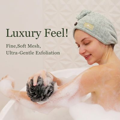 myHomeBody Large 70g Loofah Sponge, Bath Body Scrubber for Women, Men, Exfoliating Shower Pouf with Activated Charcoal - 2 Graphite Gray 1 Sage Green, 3 Pack