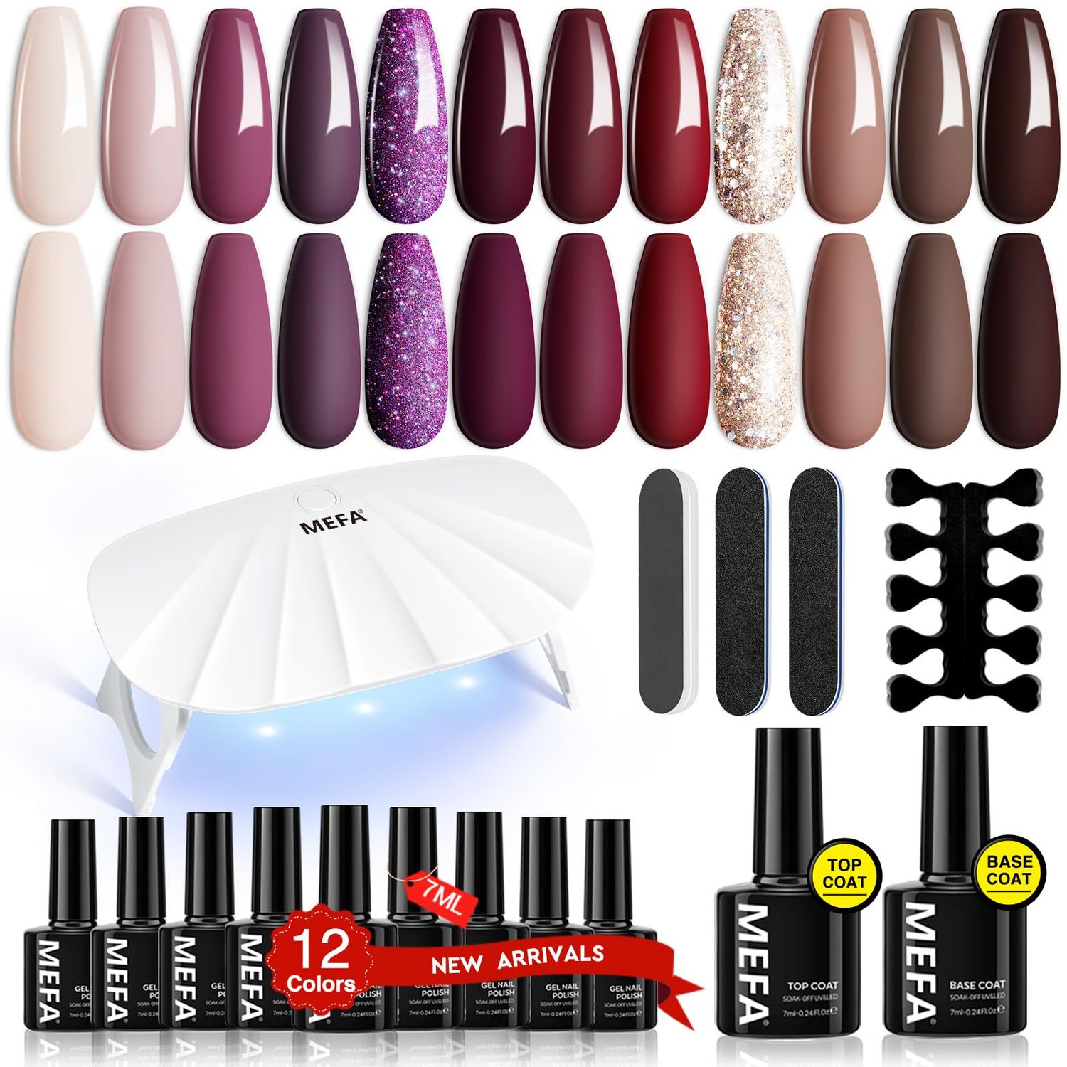 MEFA 19 Pcs Gel Nail Polish Kit with U V Light, 12 Colors Fall Gel Nail Polish Set Burgundy Red Champagne Gold Glitter Gel Soak Off Purple Manicure Tools Beginners Salon Halloween Art DIY for Women