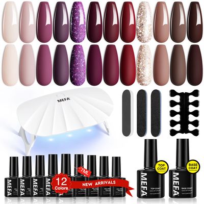 MEFA 19 Pcs Gel Nail Polish Kit with U V Light, 12 Colors Fall Gel Nail Polish Set Burgundy Red Champagne Gold Glitter Gel Soak Off Purple Manicure Tools Beginners Salon Halloween Art DIY for Women