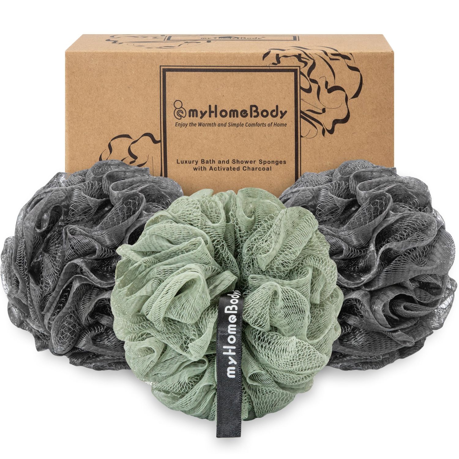 myHomeBody Large 70g Loofah Sponge, Bath Body Scrubber for Women, Men, Exfoliating Shower Pouf with Activated Charcoal - 2 Graphite Gray  1 Sage Green, 3 Pack