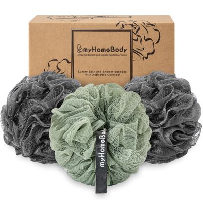myHomeBody Large 70g Loofah Sponge, Bath Body Scrubber for Women, Men, Exfoliating Shower Pouf with Activated Charcoal - 2 Graphite Gray  1 Sage Green, 3 Pack