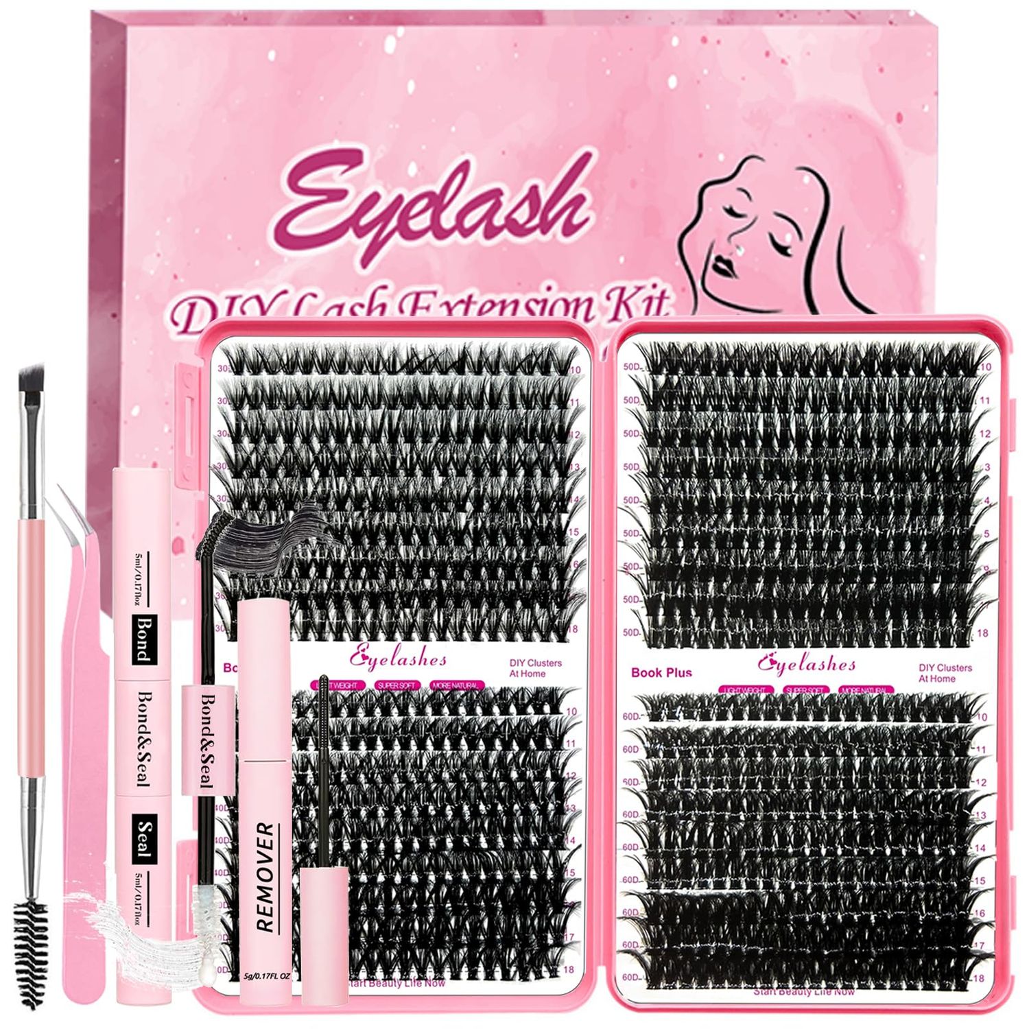 Qiveaory DIY Lash Extension Kit 720pcs Individual Lashes Clusters D Curl Eyelash Extension Kit with Lash Bond and Seal, Eyelash Remover Tweezers Brush(10-18mm,30D40D50D60D) Lash Books DIY at Home
