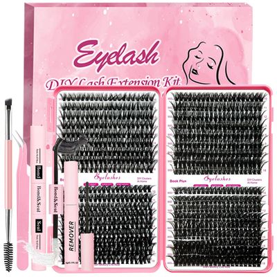 Qiveaory DIY Lash Extension Kit 720pcs Individual Lashes Clusters D Curl Eyelash Extension Kit with Lash Bond and Seal, Eyelash Remover Tweezers Brush(10-18mm,30D40D50D60D) Lash Books DIY at Home